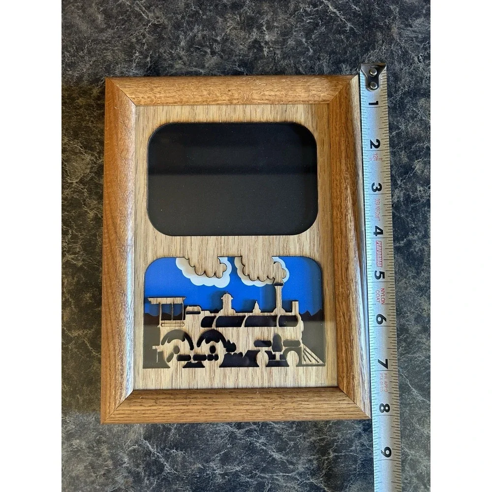 Custom Train Locomotive Wooden Picture Frame 3D Laser Cut Layered Wood W/ Glass